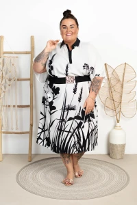 Sukienka Maxi z kołnierzykiem LEJA kwiaty czarne Plus Size 50/56