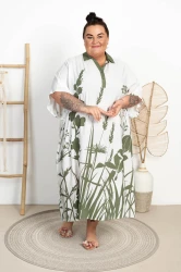 Sukienka Maxi z kołnierzykiem LEJA kwiaty khaki Plus Size 50/56