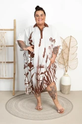 Sukienka Maxi z kołnierzykiem LEJA kwiaty brąz Plus Size 50/56