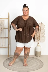 Ażurowa Bluzka z kokardkami TRACY czekoladowa Plus Size 50/58